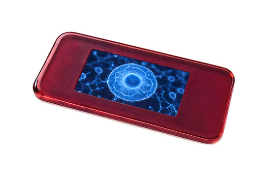 Red modern smartphone with blue digital screen display