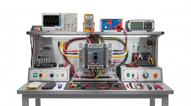 Professional electrical engineering lab bench equipped with advanced measurement instruments and circuit breakers for testing, research, and development in a technical or educational environment