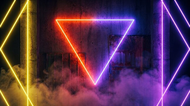 Glowing colorful neon triangles on textured grunge wall with smoke
