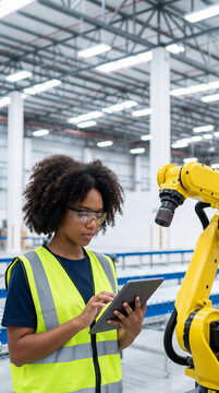 Warehouse robot worker automation safety. smart future technology automation. factory industry machine control, logistic shipping delivery storage