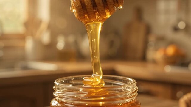 Golden honey pouring from wooden dipper into glass jar, kitchen background, natural light