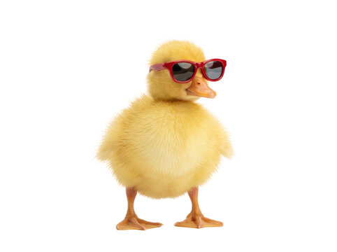 Cute yellow duckling wearing red sunglasses on white background.