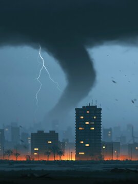 Digital illustration of a city skyline at night featuring a large building on fire with a lightning rod on top.
