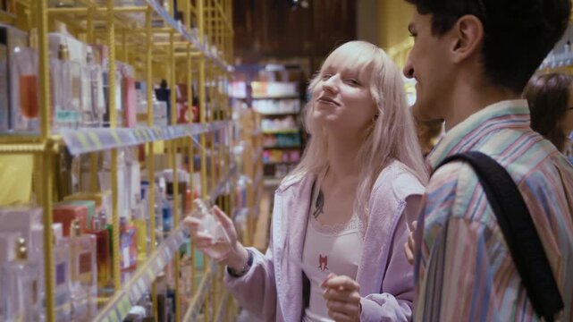 Young woman smelling and testing a new fragrance with her boyfriend in a beauty supply store