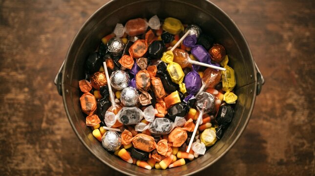 Bucket Filled with Assorted Halloween Candies Lollipops and Candy Corn