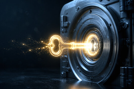 Glowing key unlocking secure digital asset vault