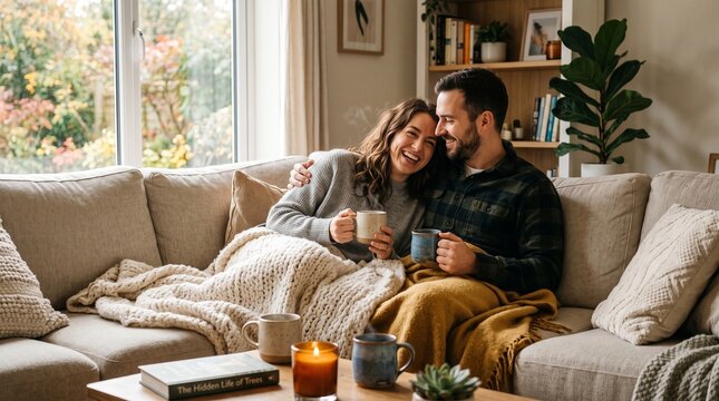 Cozy Couple Cuddling on Sofa With Blankets and Mugs in Warm Living Room Setting