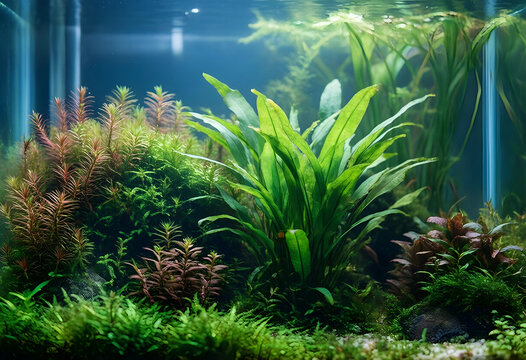 Aquascaping and nature therapy, lush green aquatic plants in a freshwater aquarium for home interior design and peaceful zen environment