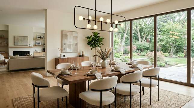 Elegant dining room with a long wooden table, modern chandelier, and large windows with a view of lush greenery