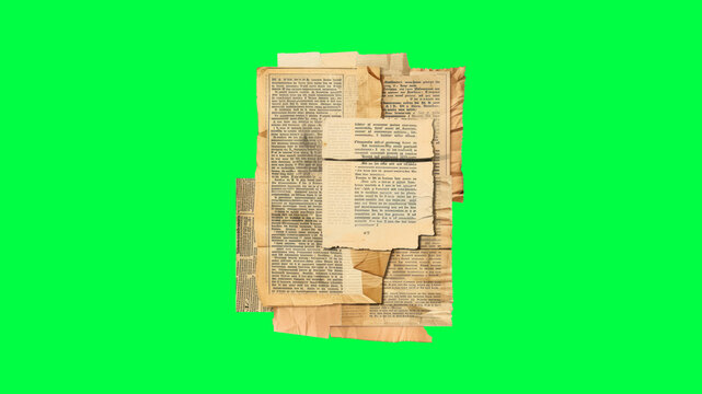 Vintage torn book pages collage on green screen background