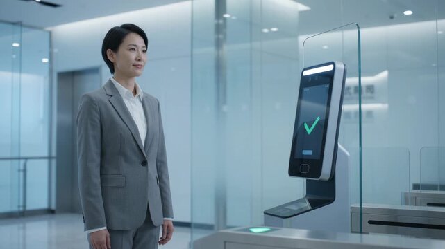 Businesswoman using facial recognition scanner for secure access in modern office lobby
