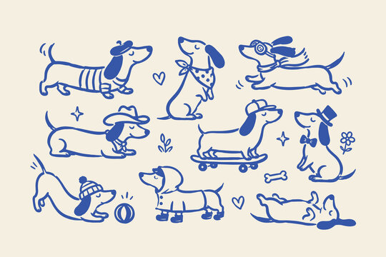 Dachshund Dogs Hand Drawn Doodle Set