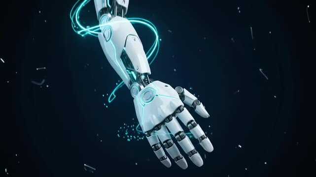 Futuristic robotic arm assembling from glowing particles and energy in dark space