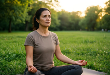 Fototapeta premium Mindfulness and mental health, mature woman practicing meditation in a park at sunset for stress relief and emotional balance in a natural environment