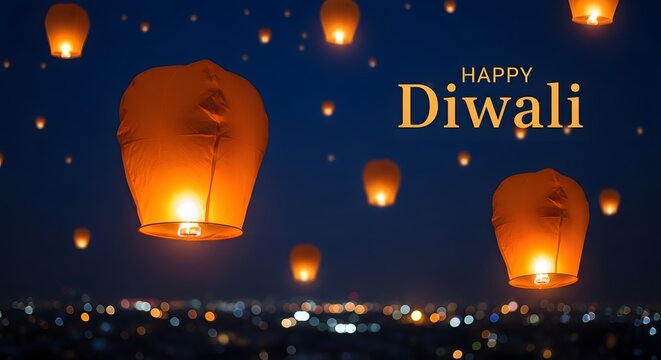 Glowing paper lanterns floating in the night sky during the traditional indian festival of diwali celebration