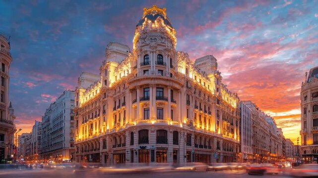 Grand historic building illuminated at vibrant sunset on a bustling city street.