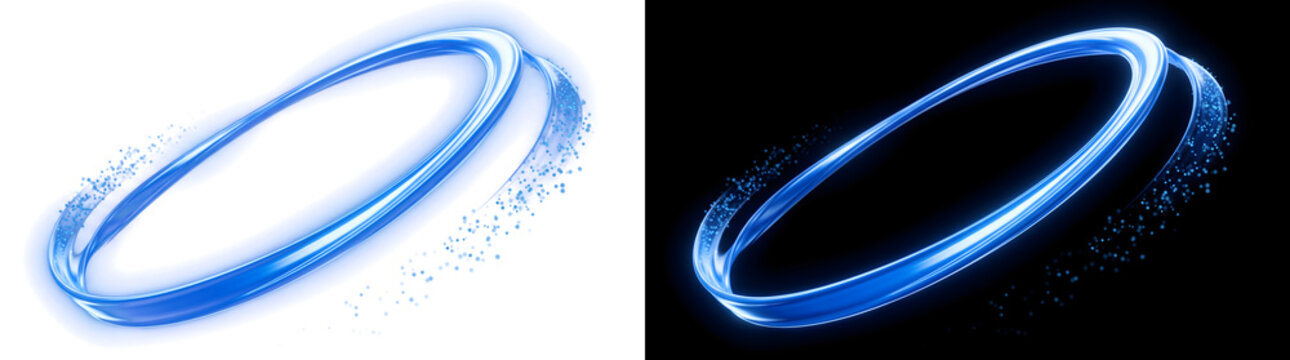 Ring light effect blue glossy glowing circle with sparkling particles in PNG, Transparent and Black Background Versions for banners