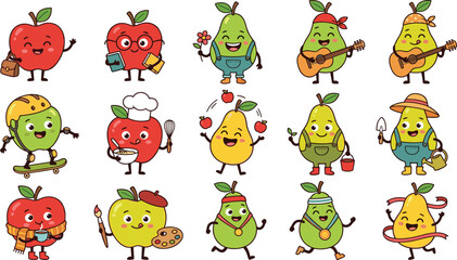 Obraz premium Cute Apple and Pear Fruit Cartoon Character Vector Set with Fun Activities Jobs Hobbies and Sports Expressions