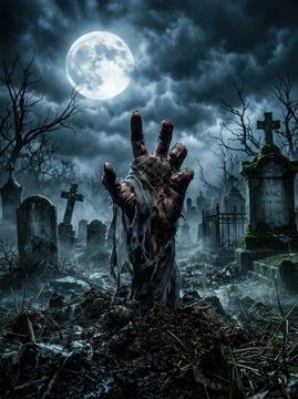 Scary zombie hand rising from the ground in a dark foggy cemetery under a bright full moon at night for a spooky halloween background