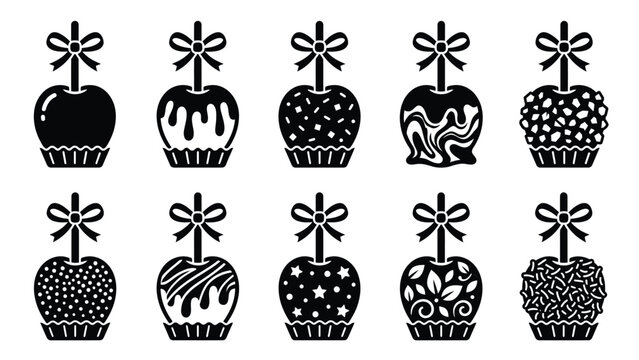 Black and white set of candy apples with various toppings vector illustration for holiday treats