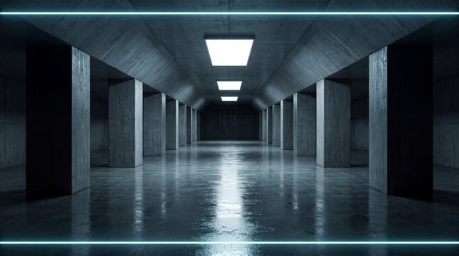 Dark underground industrial corridor featuring highly reflective wet floor surface
