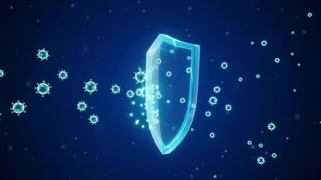 Virus particles repelled by glowing digital shield, concept of immunity and protection