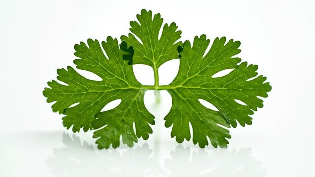 Single sprig of fresh green cilantro herb leaf with a soft reflection on a clean white surface