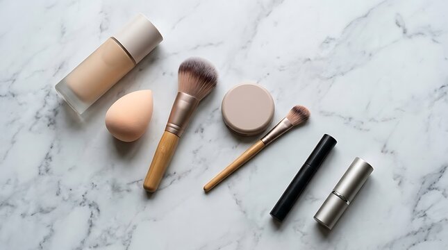Set of professional makeup products and brushes for skin care on a beautiful light grey marble background. basic cosmetics guide