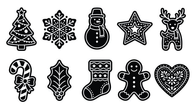 Collection of black and white Christmas holiday icons for festive designs and decorations