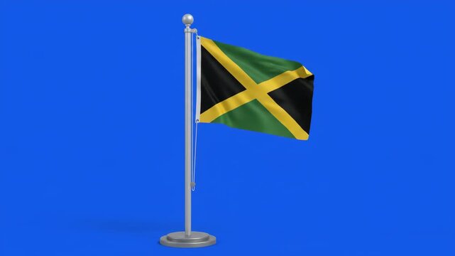 Waving Flag of Jamaica on a Blue Background, Symbolizing National Pride and Identity.