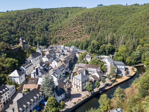 Aerial View of Medieval Village Esch-sur-Sure Nestled in River Valley, Heiderscheidergrund, L&euml;tzebuerg