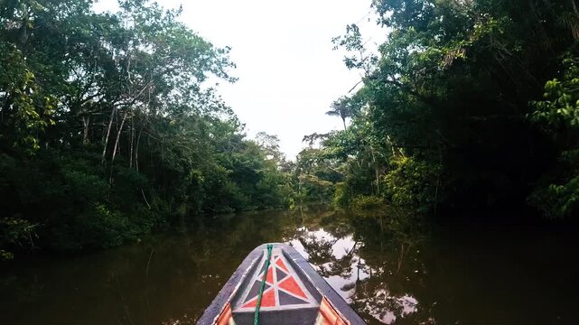 Boat Bow Traveling Through Calm Amazon Rainforest River in Ecuador, Brown Water, Dense Jungle Banks and Remote Tropical Waterway Travel Perspective