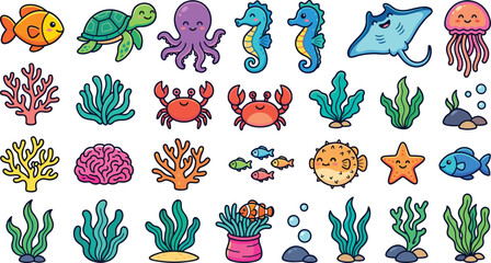Obraz premium Cute Underwater Sea Animals Vector Clip Art Set with Cartoon Octopus Turtle Stingray Pufferfish Crab and Coral Reef