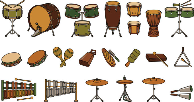 Musical Percussion Instruments Clipart Set with Acoustic Drums, Congas, Timbales, Xylophone, Maracas, Tambourine, Cymbals, and Traditional Rhythm Vector Illustration Elements