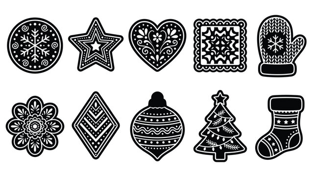 Christmas gingerbread cookie set featuring intricate winter patterns for holiday season decorative graphic design