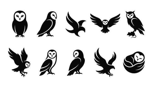 Owl silhouette icons set featuring barn owls in flying and perched poses for wildlife logos