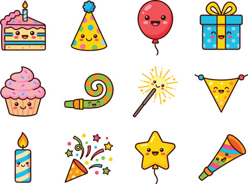 Pastel birthday party icon set with smiling kawaii faces, featuring layered cake slice with candle, party hat, red balloon, wrapped gift box, frosted cupcake, party blower, sparkler, bunting flag, str