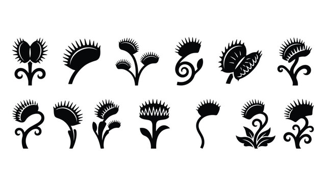 Collection of stylized black venus flytrap icons in diverse poses and forms