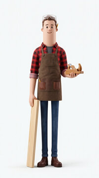 3D cartoon carpenter character holding wood plank and hand plane isolated on white background