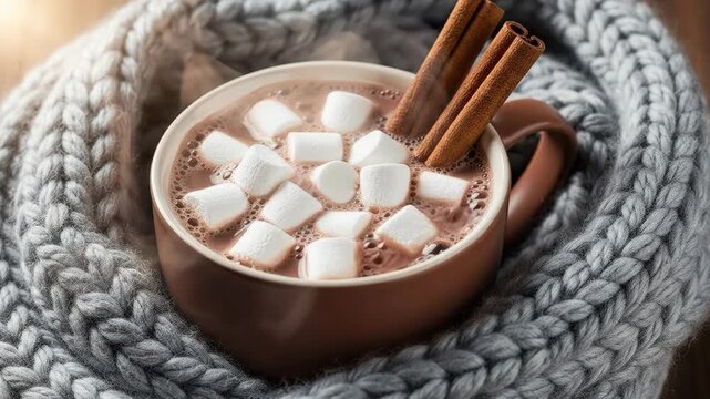 Cozy hot chocolate with marshmallows and cinnamon wrapped in a warm knitted blanket.