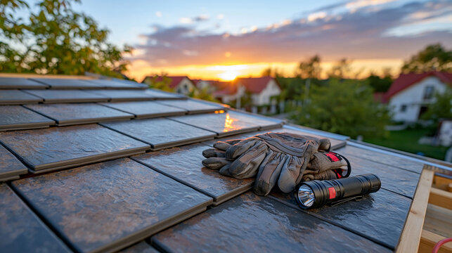 Atmospheric horizontal composition of a roof tile, sturdy work gloves and flashlight resting on a freshly cleaned tiled roof at sunset, glowing orange horizon behind a residential neighborhood, subt