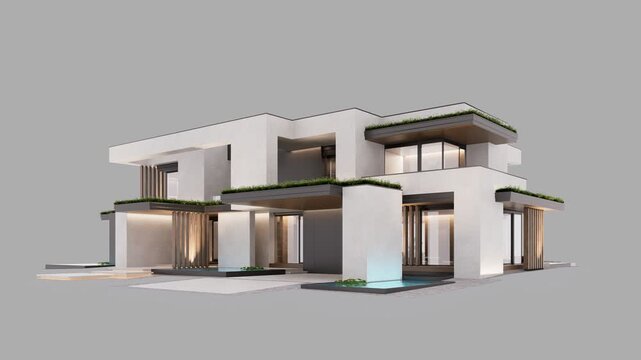 4K video rendering of two-story house with parking and pool for sale or rent with concrete facade. In the evening. Isolated on gray