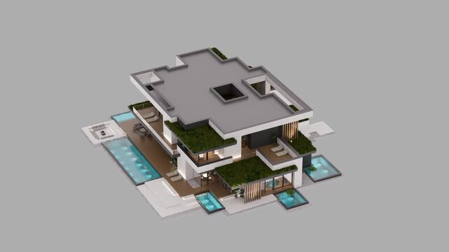 4K video rendering of two-story house with parking and pool for sale or rent with concrete facade. In the evening. Isolated on gray