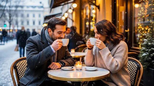 Happy couple enjoying coffee and laughter at a festive outdoor cafe in winter snow.