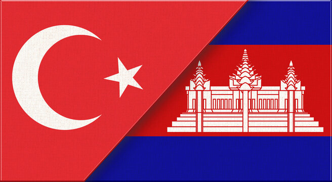 Double flag of Turkey and Cambodia on fabric texture - 3D illustration