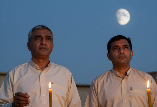 Remembrance and mourning two men holding candles during a vigil under the moon at night for memorial tribute and peaceful protest or reflection
