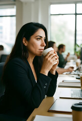 Obraz premium Workplace burnout and corporate stress, professional woman drinking coffee at desk with laptop in modern office environment during busy workday