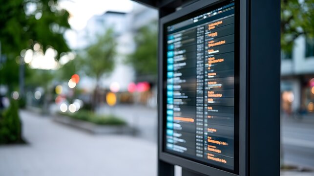 Digital display showing bus route information at a modern urban bus stop with blurred background of trees and street
