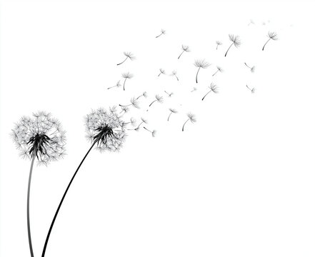 black and white vector illustration on a plain white background, featuring two dandelion seed heads with multiple seeds blowing away
