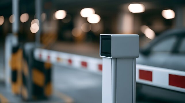 Modern parking barrier system with sensor unit at entrance  featuring clean lines and ambient lighting in underground garage setting